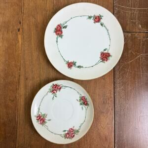 Antique Gotham‎ Austria W.E.B. red rose transferware cup saucer & cookie plate
